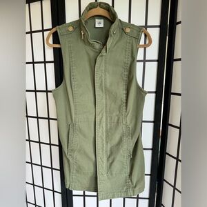 CAbi Army Green Zip-Up Long Vest with Cinched Waist